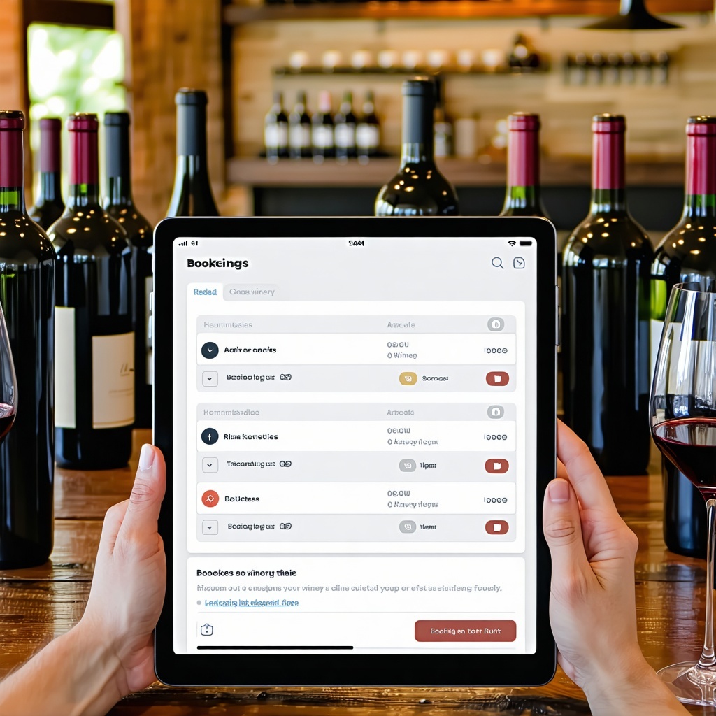 Image of a winery booking system on a tablet screen in a busy tasting room