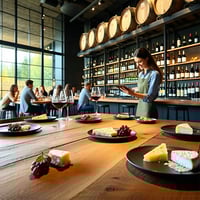 The image depicts a modern wine tasting room filled with natural light streaming through large windows. Stylish wooden tables are arranged neatly, adorned with elegant wine glasses and small plates of artisanal cheeses. In one corner, a friendly staff member uses a sleek tablet to take orders, while another engages with guests at the bar, showcasing a selection of bottles. Behind them, a vibrant display of wine barrels and shelves filled with various wine bottles create an inviting backdrop. Guests, a diverse group of individuals in casual, stylish attire, are animatedly discussing their tasting experiences. The atmosphere is warm and welcoming, enhanced by soft, ambient lighting and the subtle aroma of wine. A digital screen in the background showcases real-time data, highlighting sales and guest preferences, seamlessly blending technology with the art of wine tasting.