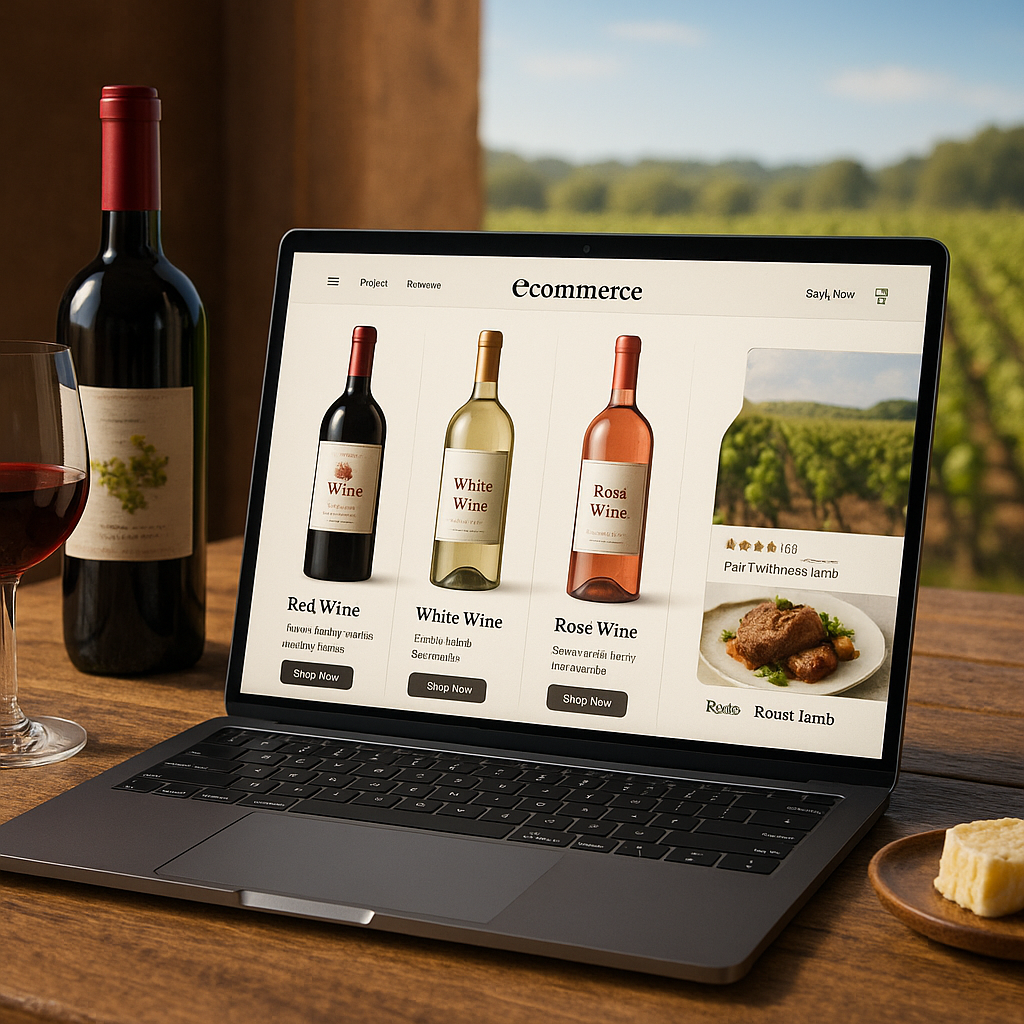 The image depicts a modern winerys eCommerce website displayed on a sleek laptop The screen showcases a visually appealing digital storefront filled with vibrant images of wine bottles complete with elegant labels and enticing tasting notes Various s