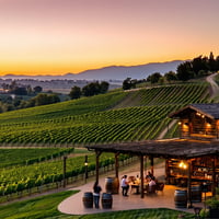 sunset at a winery overlooking a vineyard
