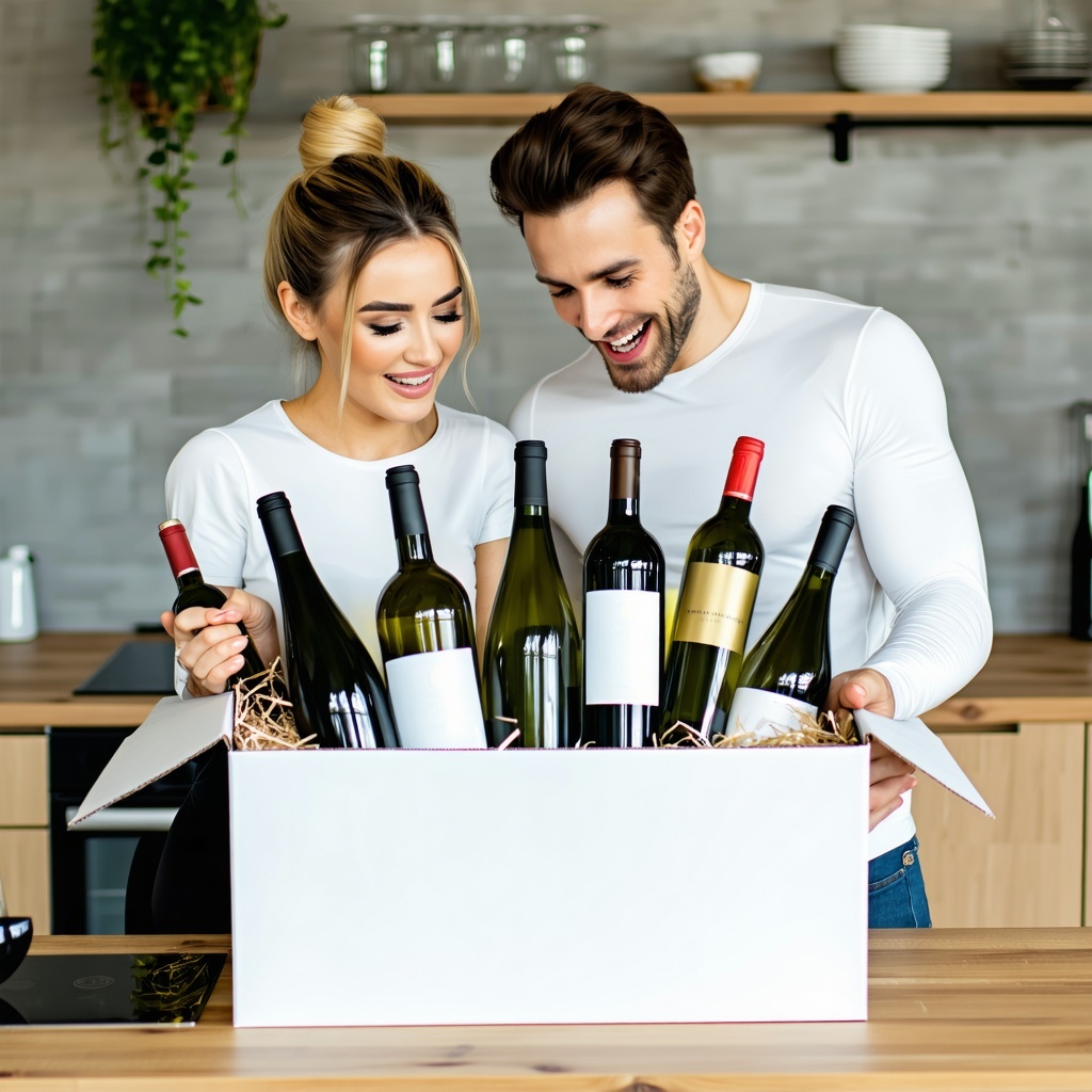 a happy couple in a nice modern kitchen unboxing a wine club shipment with red and white wine