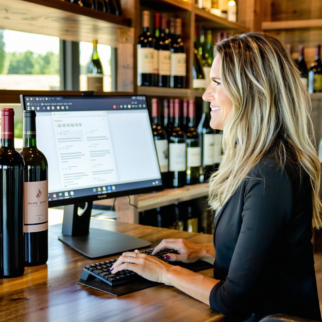A female wine club manager working at their computer in a winery tasting room looking at their computer screen