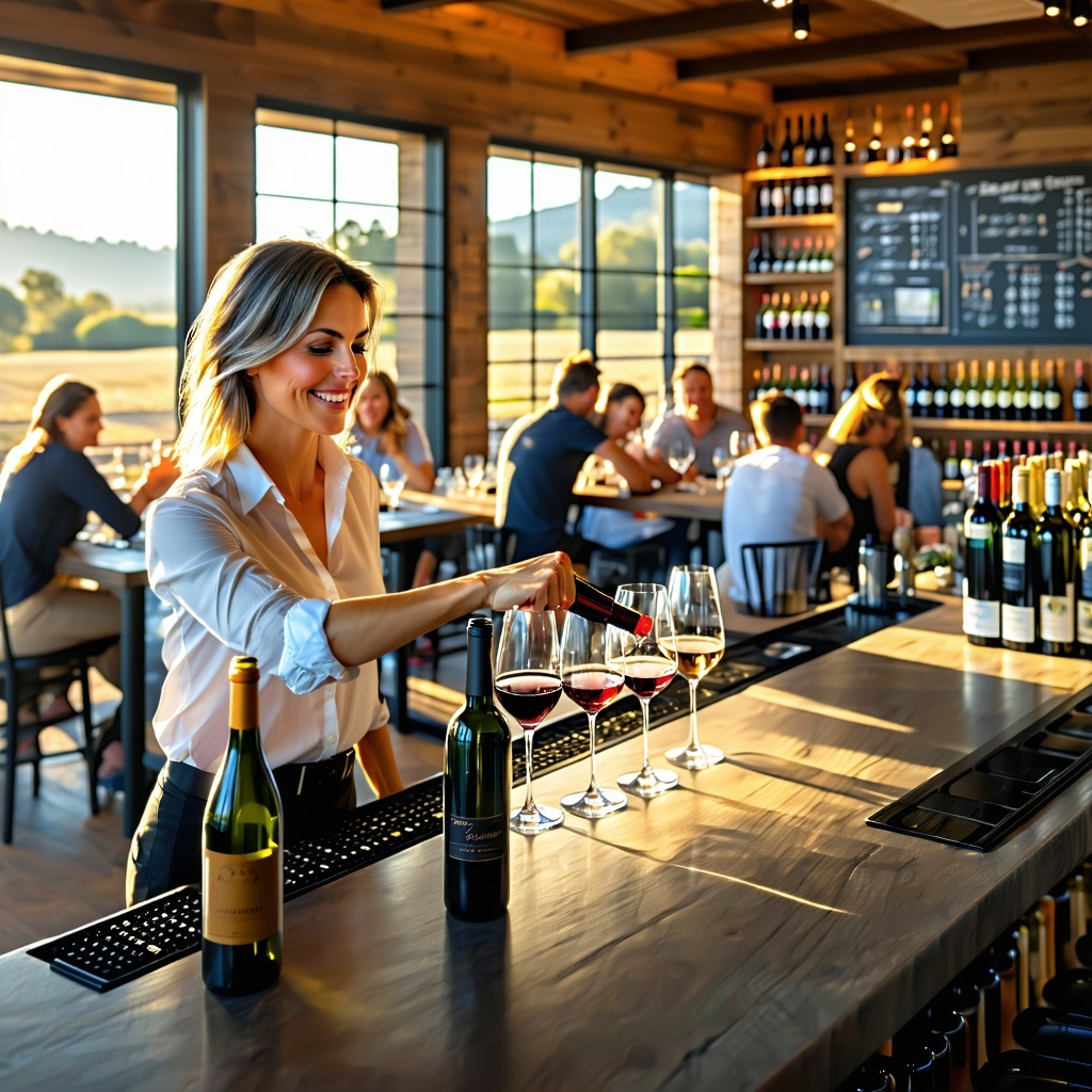 bright busy tasting room with people drinking wine as a host pours wine