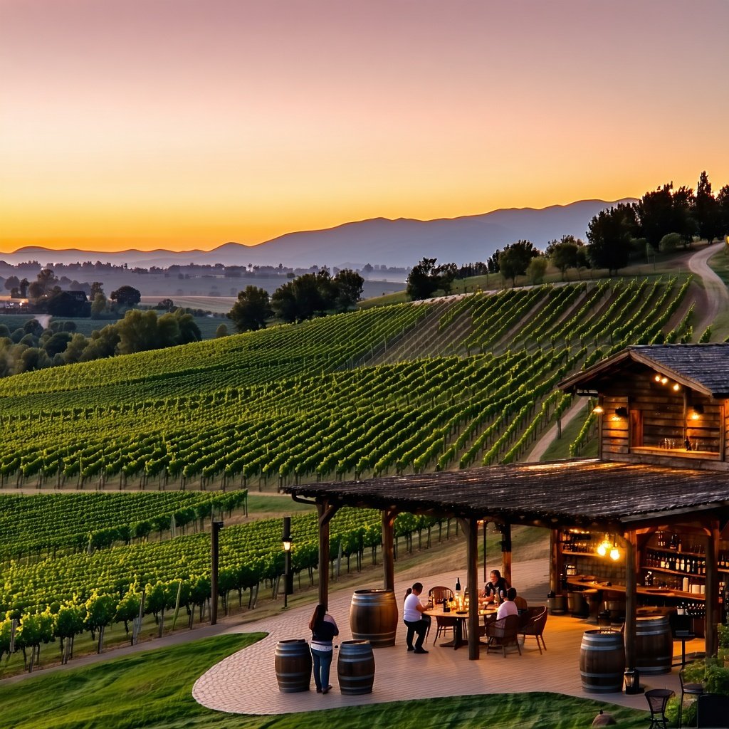 sunset at a winery overlooking a vineyard